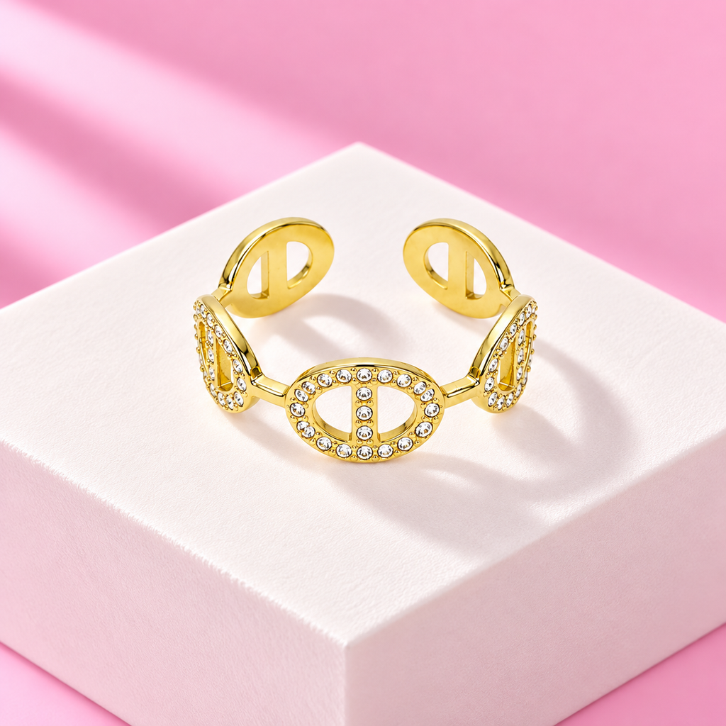 Bague Adele maillons ovales strass acier inoxydable dore – Mgx Bijoux