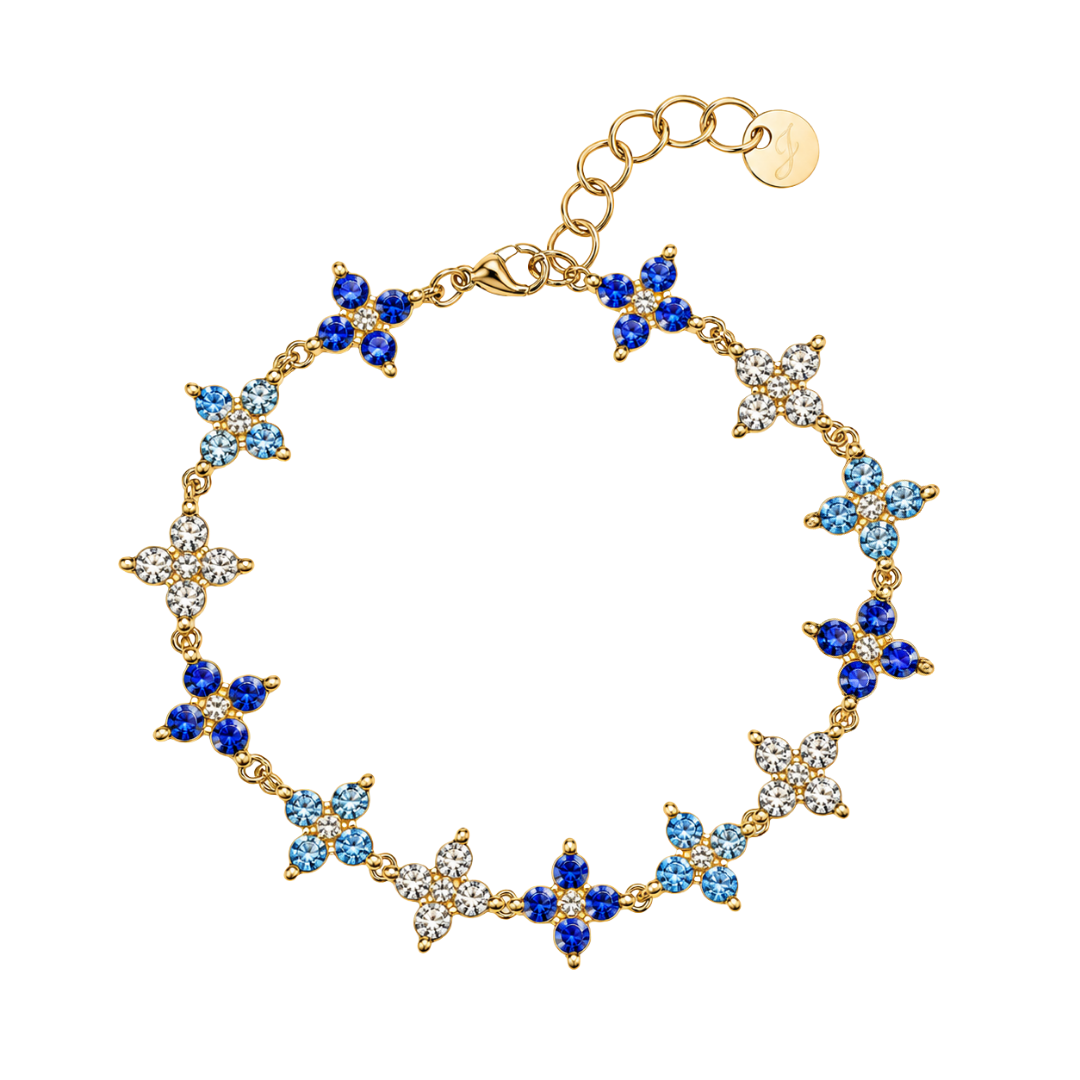 Bracelet Alice fleurs strass bleu fond blanc – Mgx Bijoux