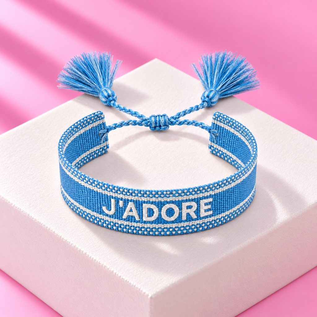 Bracelet Azur tisse J'adore pompons bleu – Mgx Bijoux