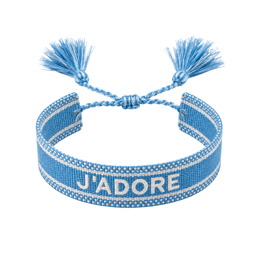 Bracelet Azur tisse J'adore pompons bleu fond blanc – Mgx Bijoux