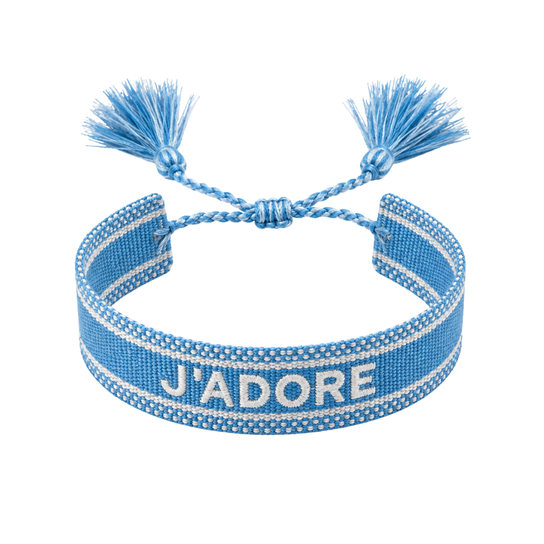 Bracelet Azur tisse J'adore pompons bleu fond blanc – Mgx Bijoux