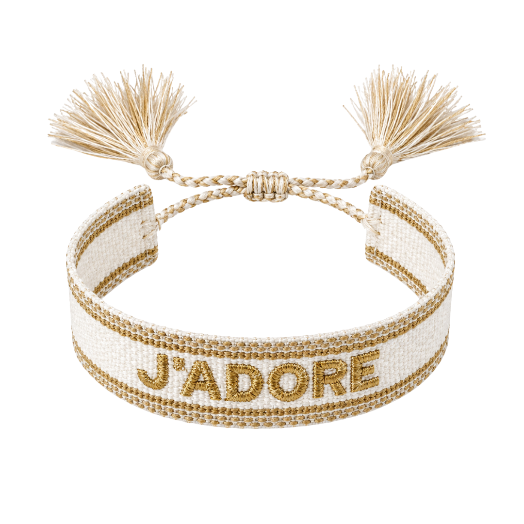 Bracelet Perle tisse J'adore pompons blanc dore fond blanc – Mgx Bijoux