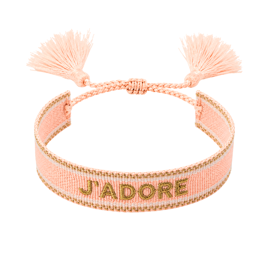 Bracelet Rosalia tisse J'adore pompons rose fond blanc – Mgx Bijoux