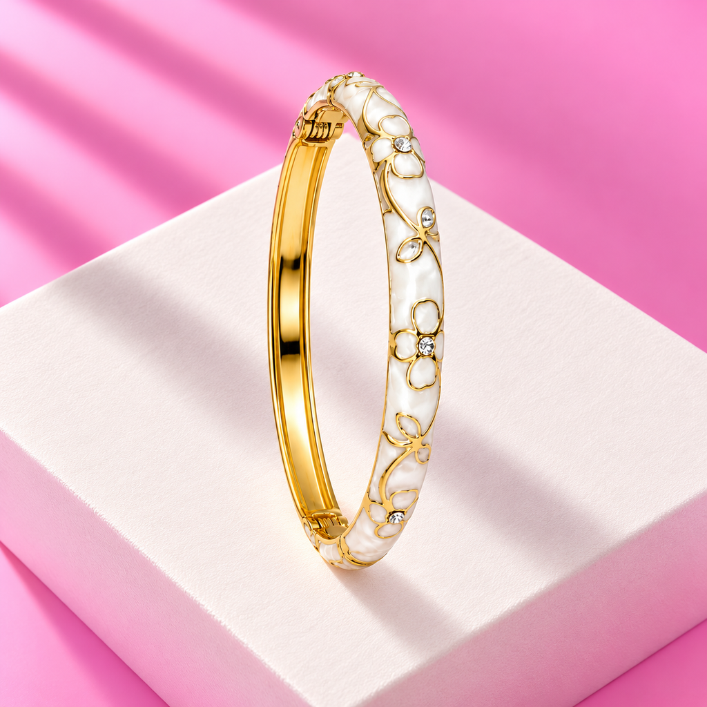 Bracelet jonc Alma emaille fleurs blanc dore – Mgx Bijoux