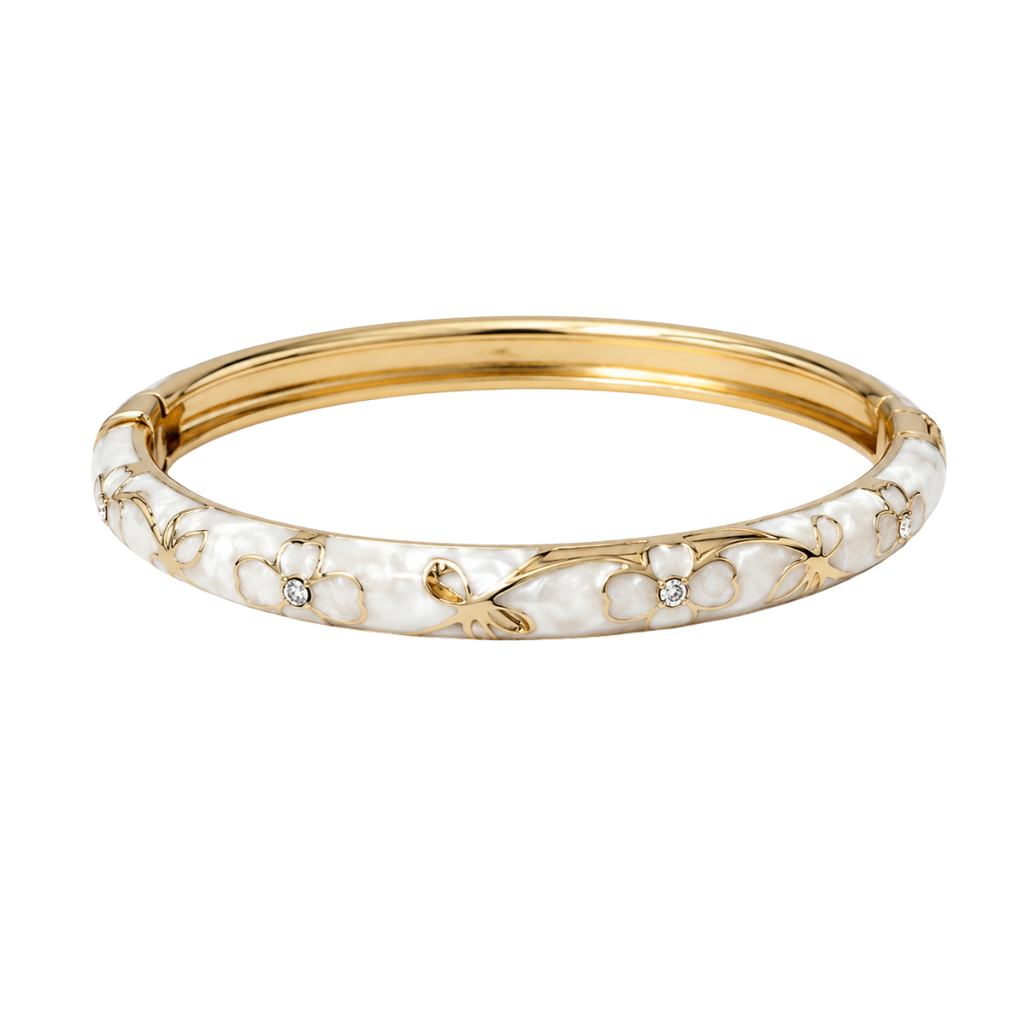 Bracelet jonc Alma emaille fleurs blanc dore fond blanc – Mgx Bijoux