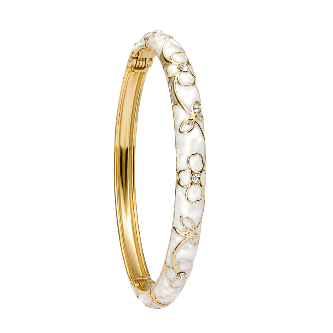 Bracelet jonc Alma emaille fleurs blanc dore fond blanc – Mgx Bijoux