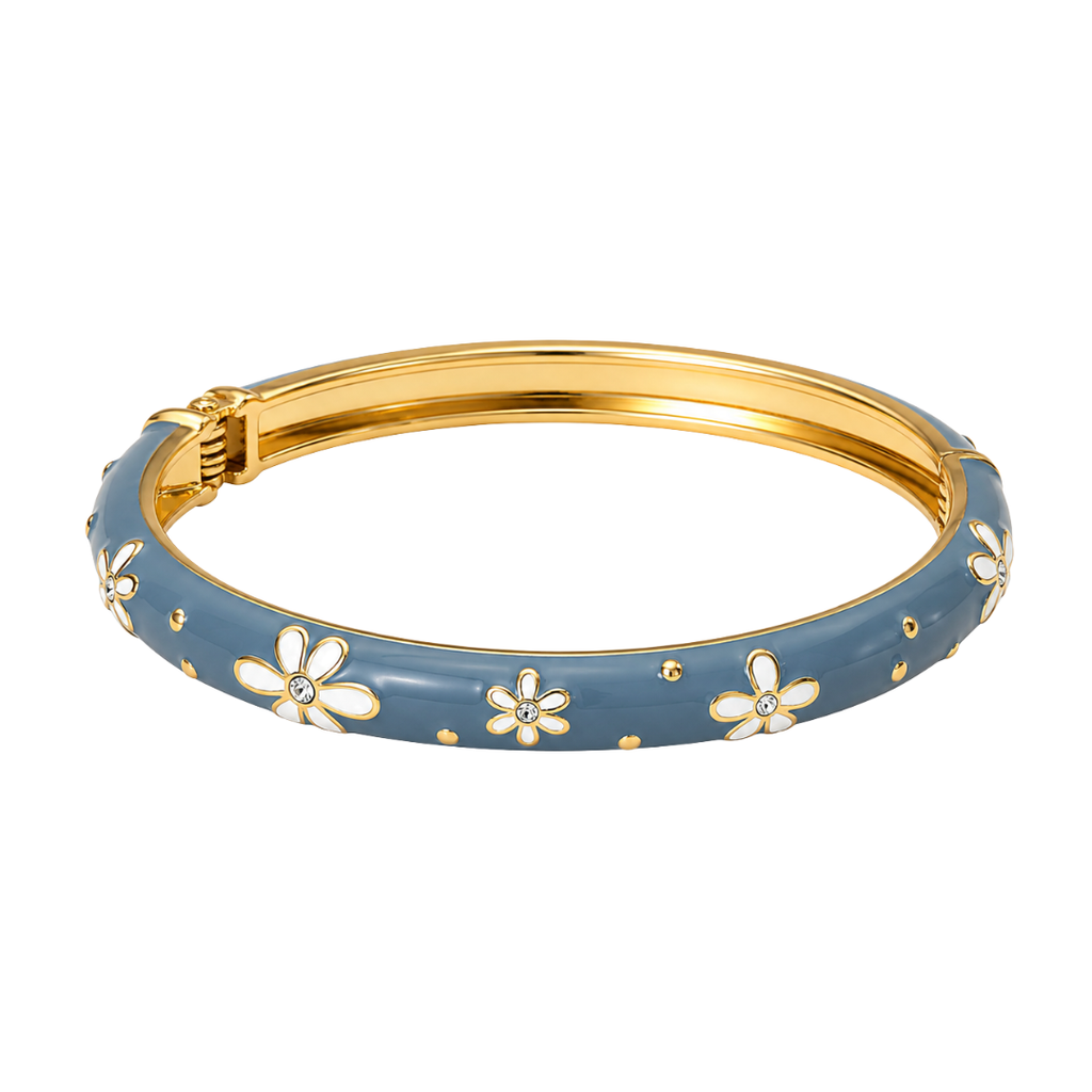 Bracelet jonc Luna emaille fleurs bleu dore fond blanc – Mgx Bijoux