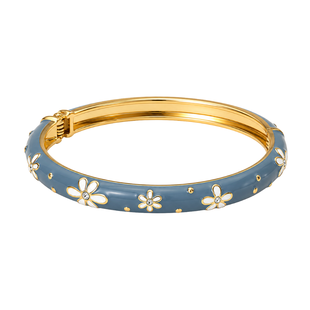 Bracelet jonc Luna emaille fleurs bleu dore fond blanc – Mgx Bijoux