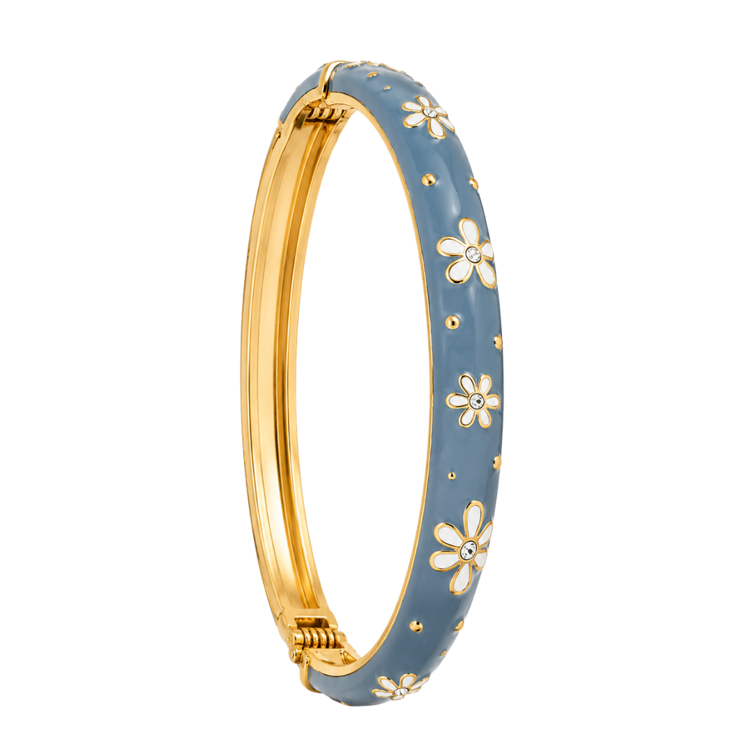 Bracelet jonc Luna emaille fleurs bleu dore fond blanc – Mgx Bijoux