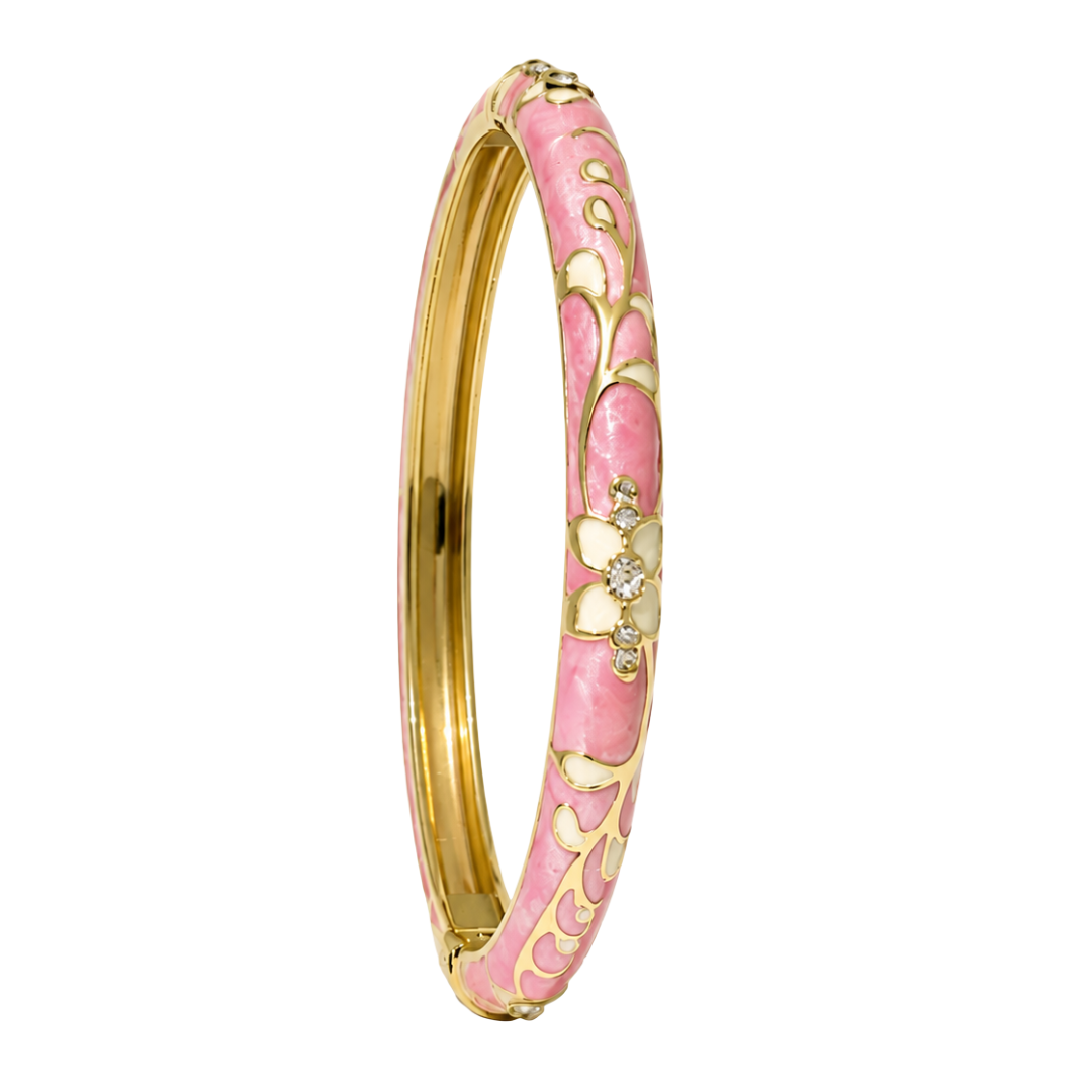 Bracelet jonc Rose emaille fleurs dore fond blanc – Mgx Bijoux